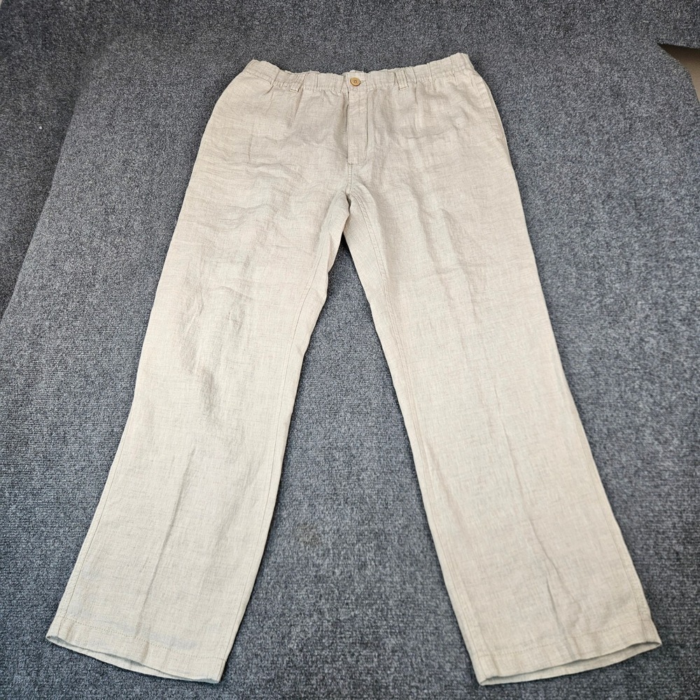 Caribbean Mens Linen Pants Beige Oatmeal Elastic Waist Drawstring Summer‎